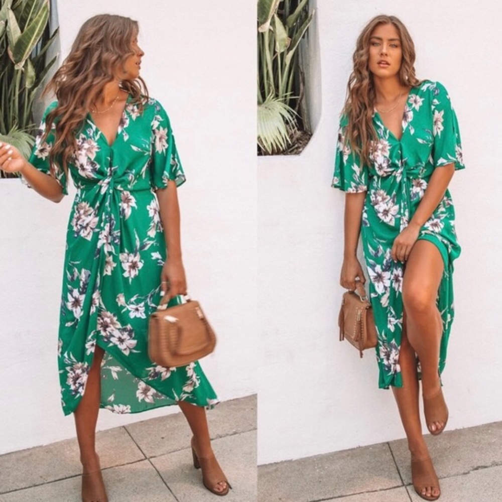 Vici Green Floral Short Sleeve Maxi Dress